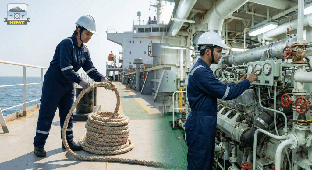 This image vividly portrays the practical aspect of the GP Rating course, featuring young male and female trainees actively engaged in deck maintenance tasks on a commercial vessel. It highlights the hands-on seamanship training and inclusive work environment that aspiring seafarers experience, preparing them for the real-world challenges of a career in the Merchant Navy.
