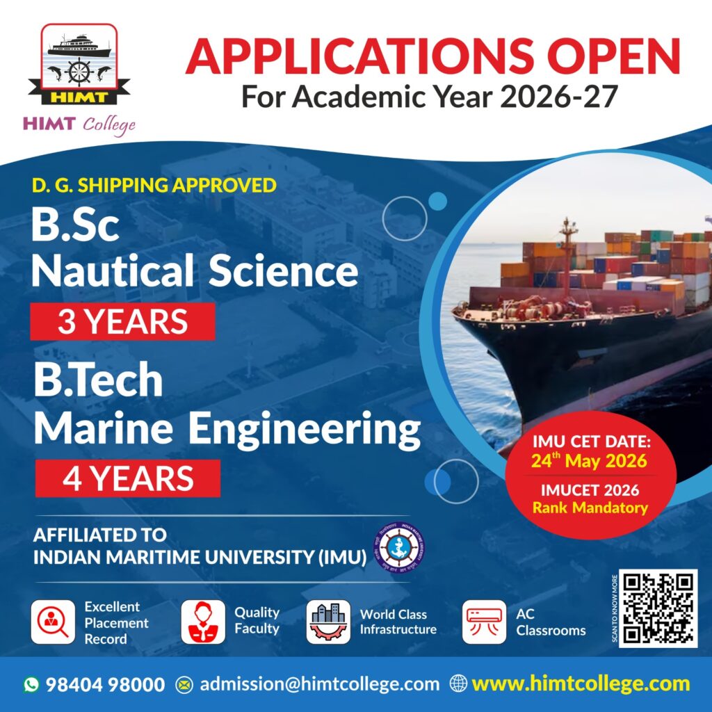 Merchant Navy - Admissions Open for 2026-27 at HIMT College for courses B.Tech Marine Engineering, B.Sc Nautical Science, B.Tech Marine Engineering (Lateral Entry). Apply now.